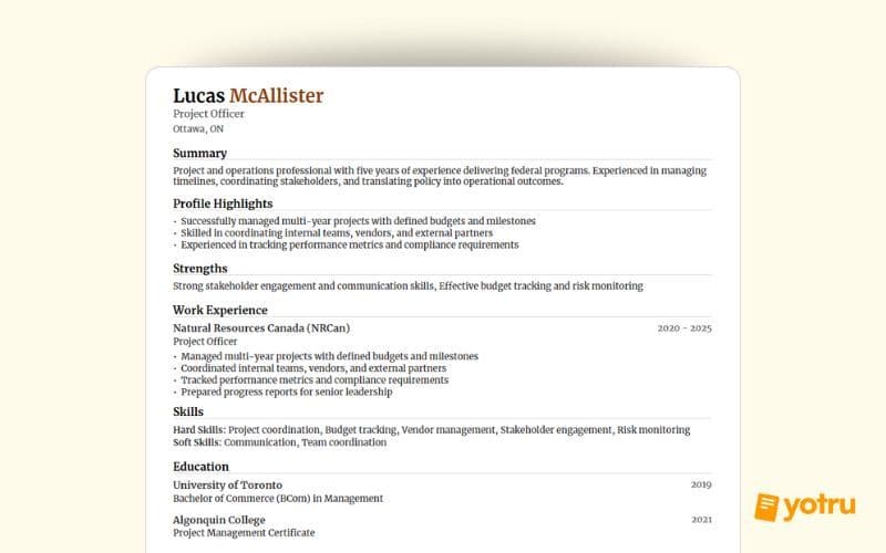 Mid-career project officer resume for Natural Resources Canada roles