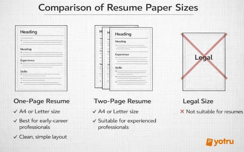 Comparison of resume styles showing one-page resume format, two-page resume format, and incorrect letter orientation, all using standard A4 or Letter paper size