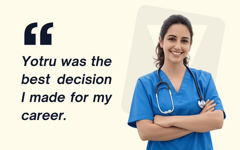 Smiling registered nurse in blue scrubs with stethoscope, arms crossed, next to testimonial text stating Yotru was the best career decision.