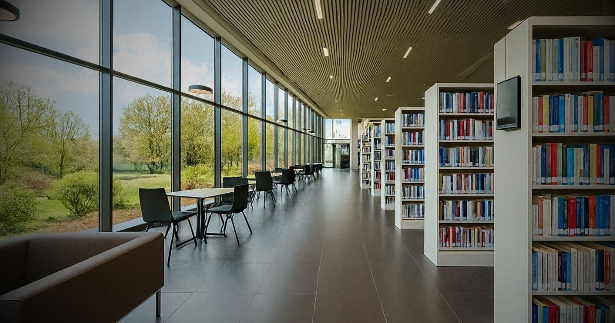A modern library interior with bookshelves, study tables, and bright natural light, ideal for career workshops, resume building, and community job support programs.