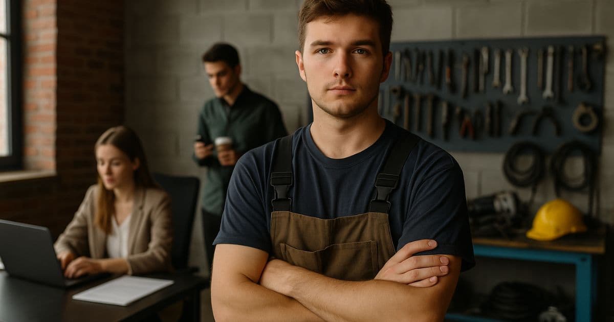 Young worker choosing between office job and skilled trade career while reviewing AI impact on future job stability