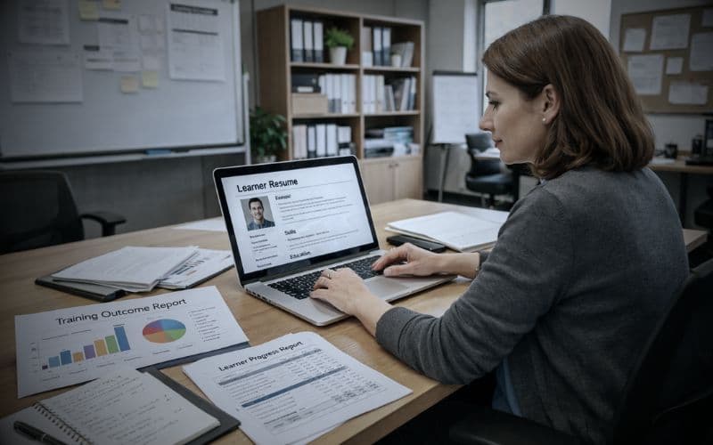 Job candidate preparing for an interview with notes, laptop, and resume while practicing answers and researching the company