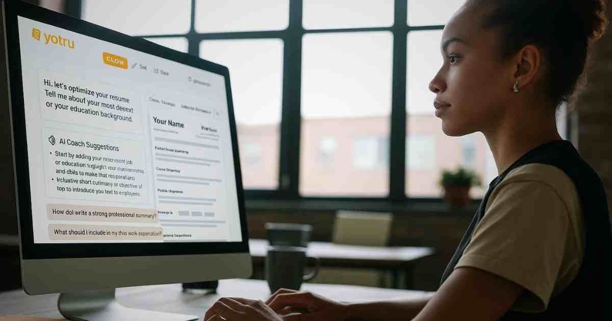 Woman reviewing and comparing AI resume builders on a laptop, analyzing features, ATS compatibility, and templates for the best resume tools in 2026