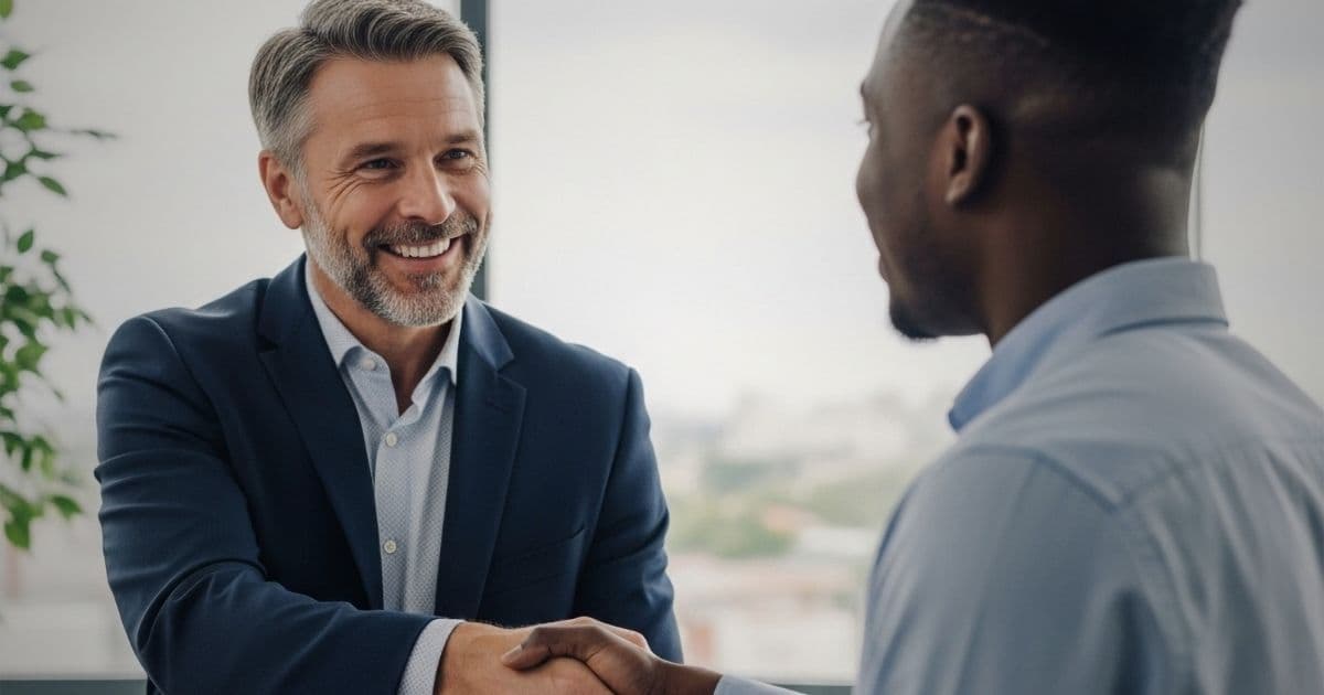 Canadian hiring manager shaking hands with an early-career job candidate in a professional office, representing Canada’s selective 2026 entry-level job market and skills-based hiring.