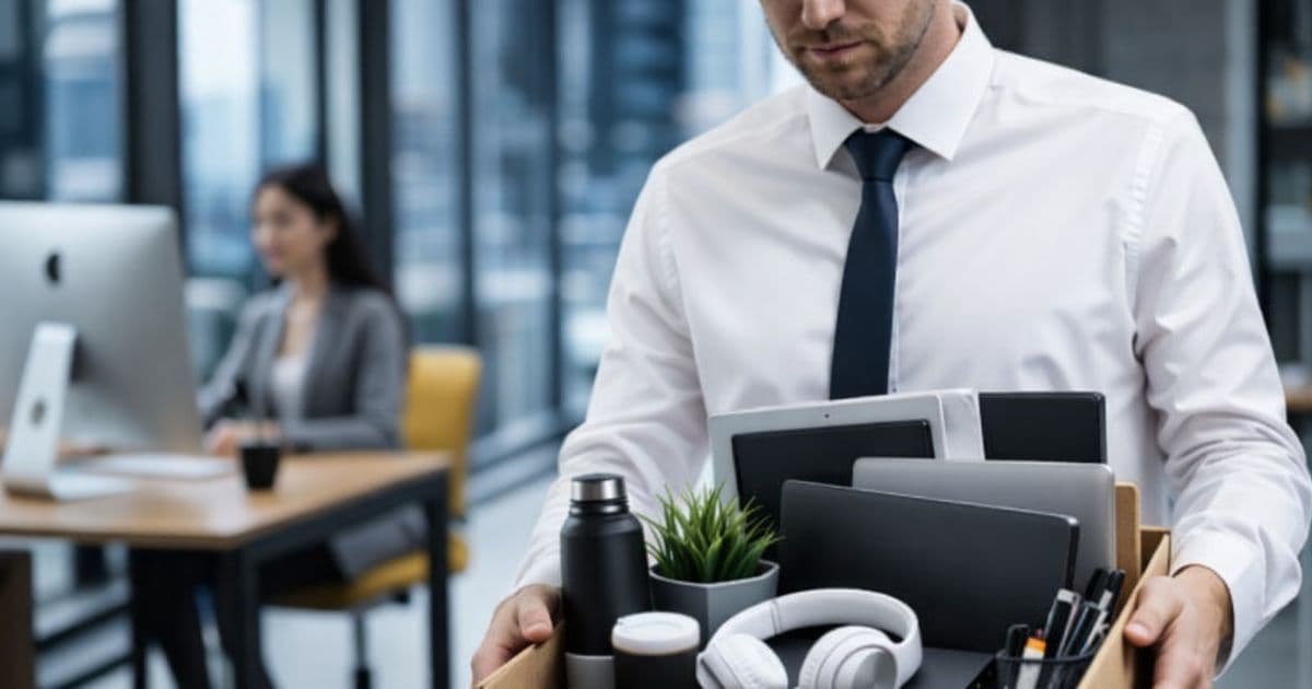 Employee sitting at desk looking concerned while reading news about layoffs and job cuts on laptop