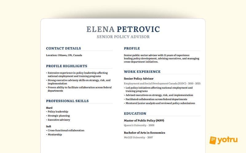 Senior policy advisor resume with 15 years of federal government experience