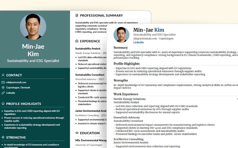 Professional ATS-friendly resume templates showing two modern layouts with contact details, profile summaries, and skills sections optimized for applicant tracking systemsProfessional ATS-friendly resume templates showing two modern layouts with contact details, profile summaries, and skills sections optimized for applicant tracking systems