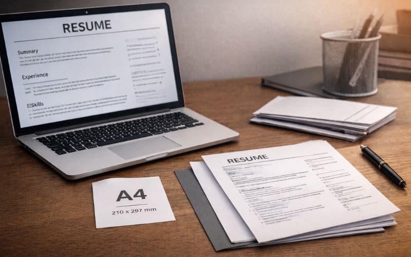 Professional workspace showing resume displayed on laptop screen with printed A4 resume on desk, demonstrating standard paper size formats for job applications