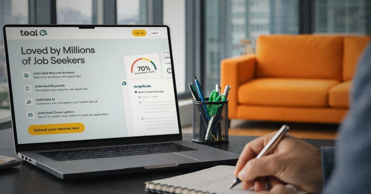 Job seeker comparing Teal and ChatGPT on a laptop while organizing resumes, applications, and interview notes.