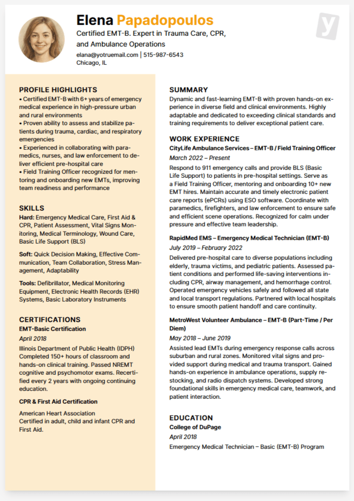 EMT-B Resume example with profile, headline, summary and work experience optimized for ATS