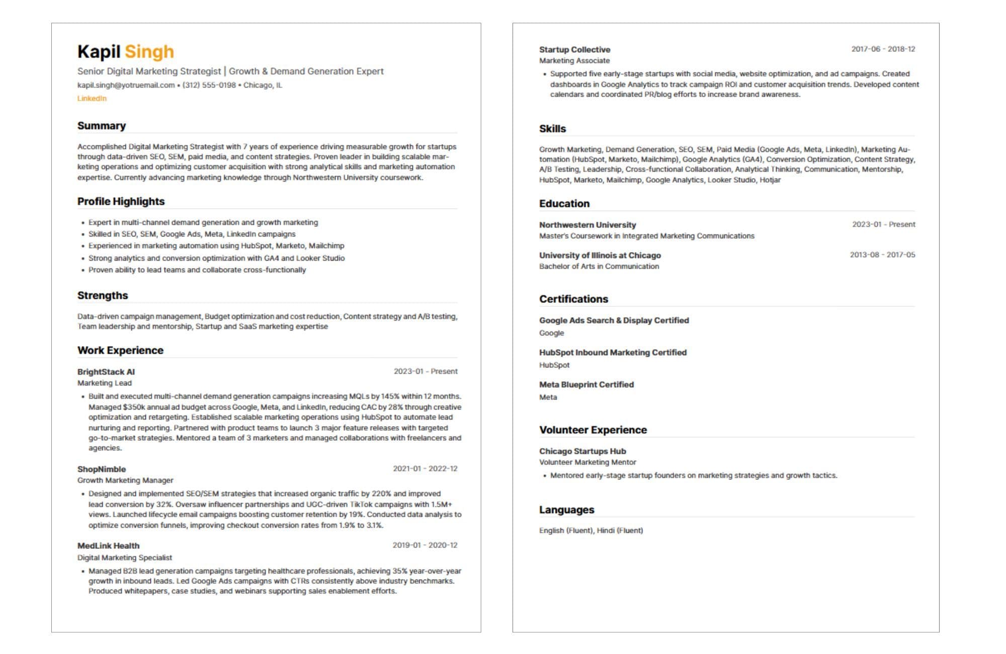 Example Resume showing content used for 2 pages in a Digital Marketing Manager's resume with 7 years experience.