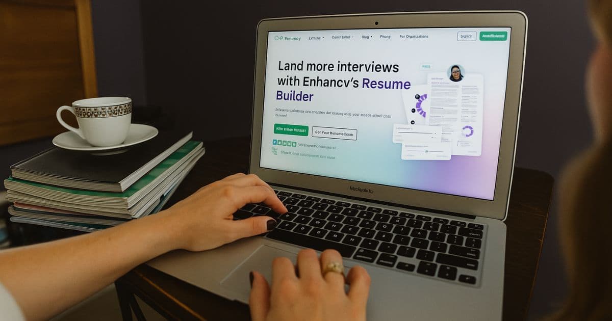 Job seeker comparing Enhancv resume builder and ChatGPT on laptop while editing a resume for ATS compatibility