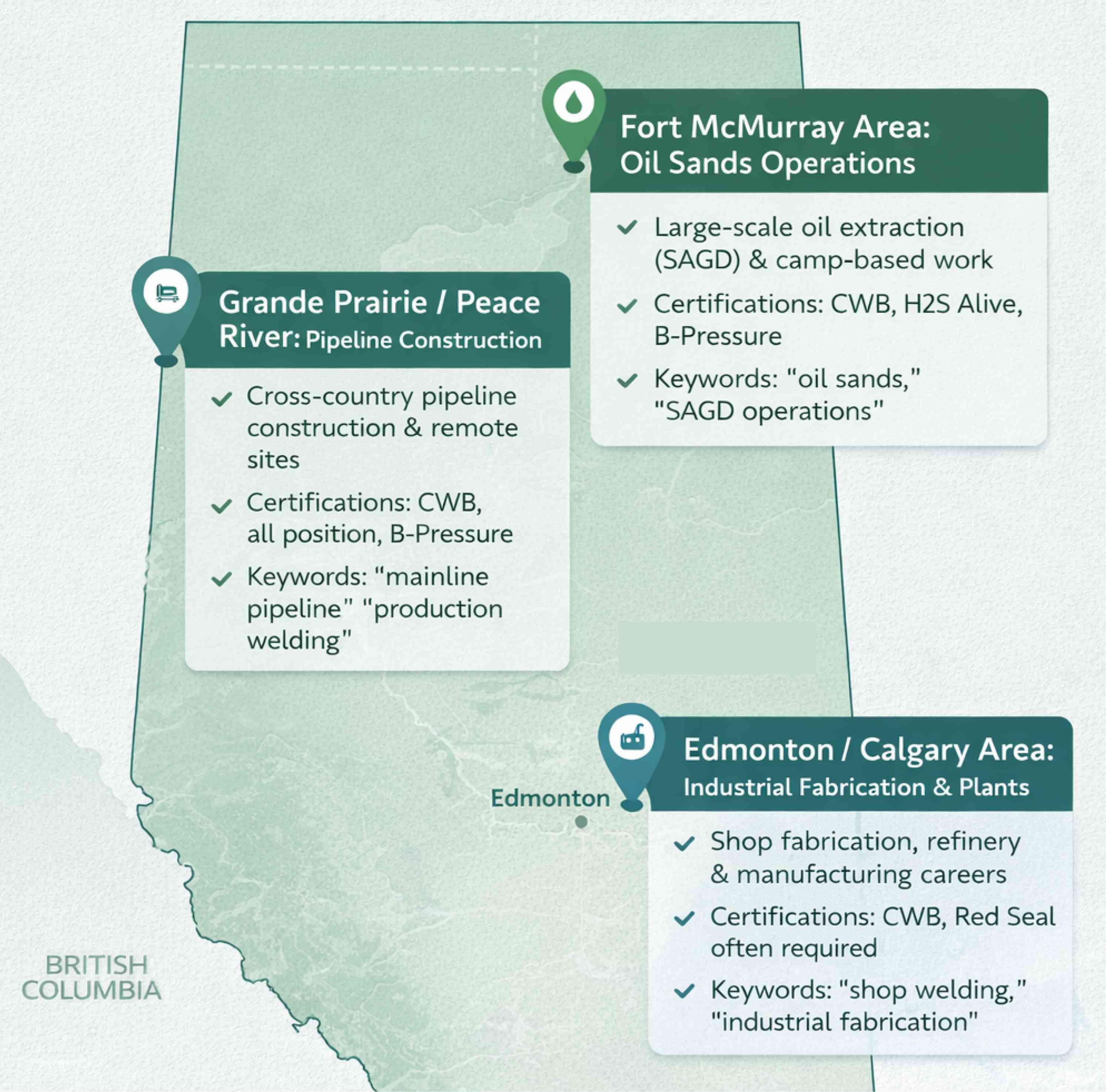 Map of Alberta highlighting Fort McMurray, Grande Prairie, Edmonton, and Calgary with resume focus areas for pipe welding jobs in oil sands, pipeline construction, and industrial plants.