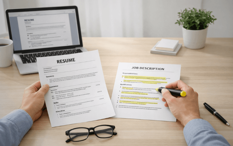 Professional job seeker reviewing a resume alongside a job description, highlighting the process of tailoring a resume for a specific role.