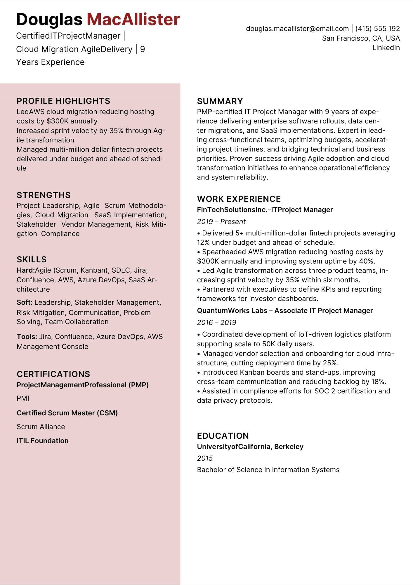 Sample resume of a IT project manager