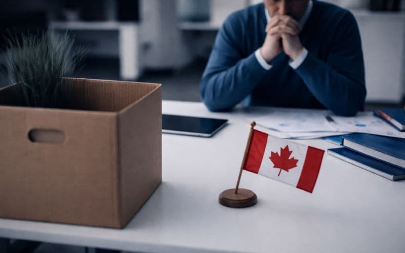 Federal government employee in Ottawa reviewing layoff notice at work, reflecting uncertainty during public service job cuts