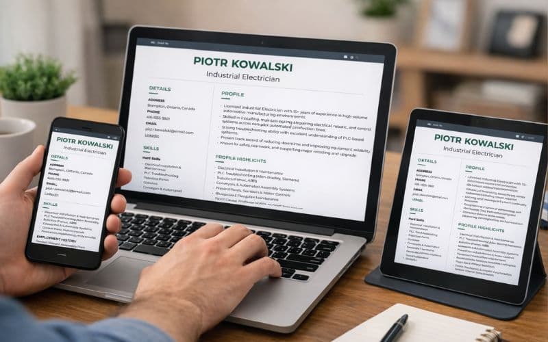 Resume builder interface showing ATS-approved resume with clean formatting on a desktop screen