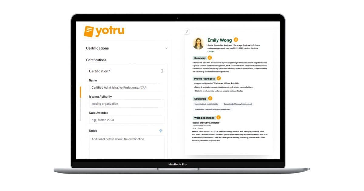 Yotru AI resume builder interface showing executive assistant certifications and a professional resume example designed to highlight career achievements