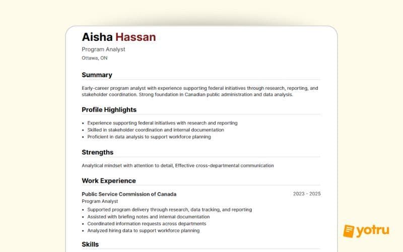 Early-career program analyst resume for federal public service roles in Ottawa