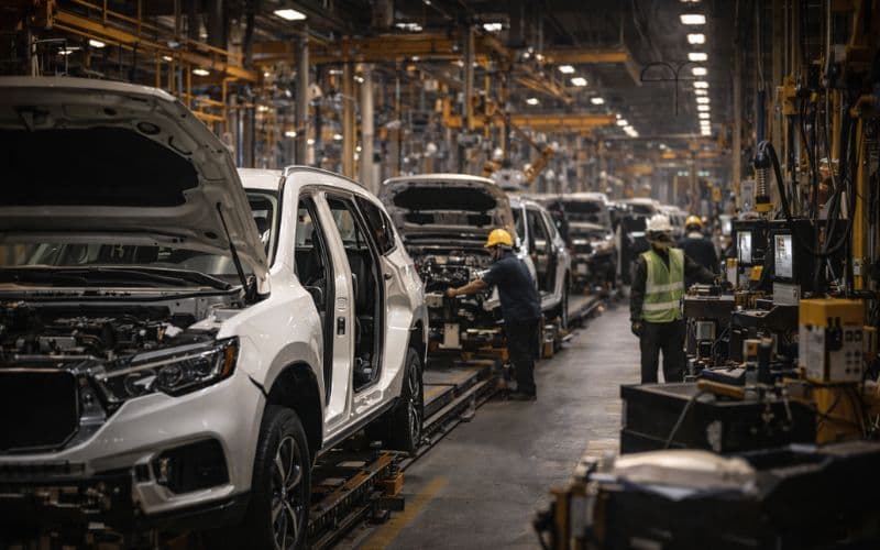GM Oshawa assembly plant interior showing automotive production line as workers face shift cuts and layoffs in January 2026