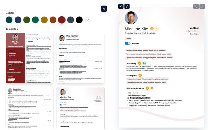 Yotru resume builder interface showing color palette selector, template options, and live preview with editing features