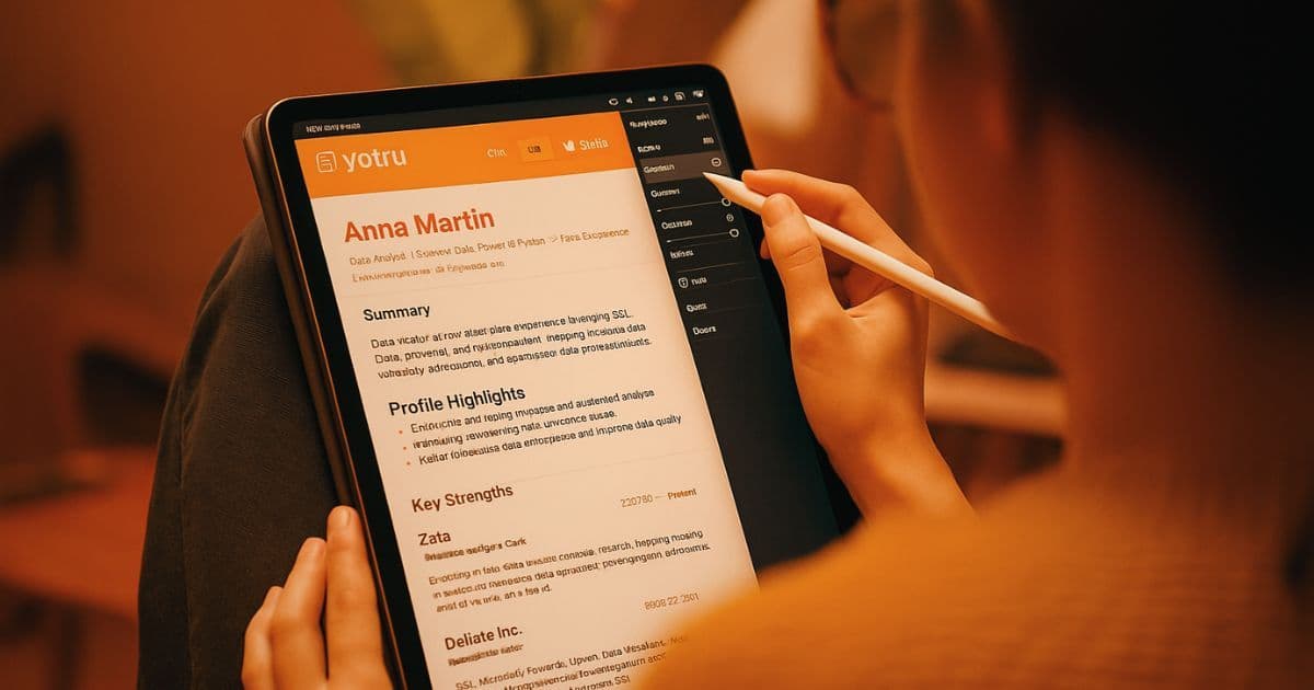A person using a tablet with stylus to edit a resume on the Yotru AI Resume Builder, showing Anna Martin’s profile and ATS score, highlighting how Yotru-ai-resume-builder-better-than-chatgpt for creating optimized resumes.